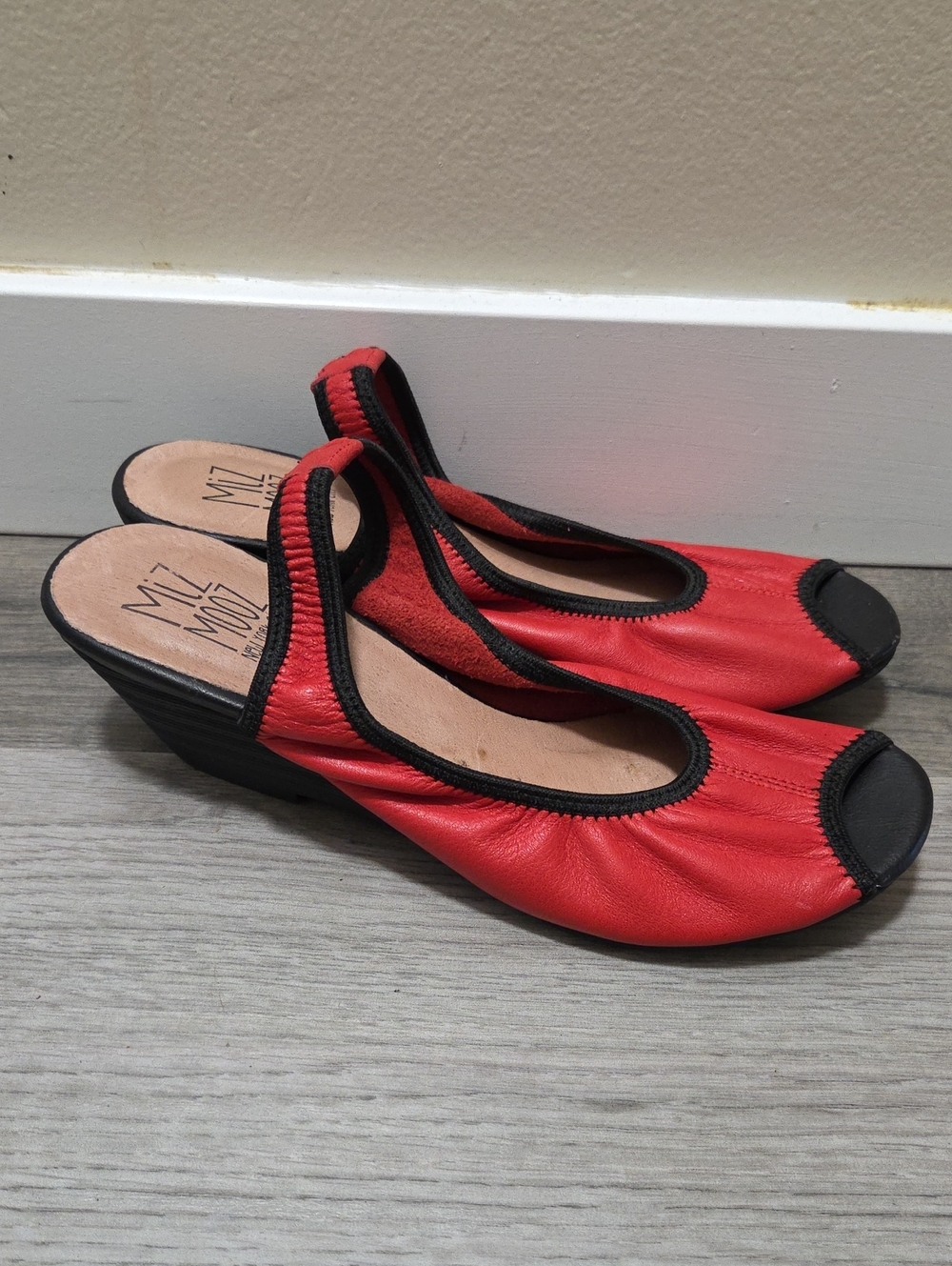 Miz Mooz Red and Black Peep-Toe Slingback Wedges
